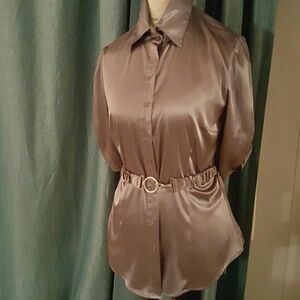 Faux silk button-down blouse with removable belt
